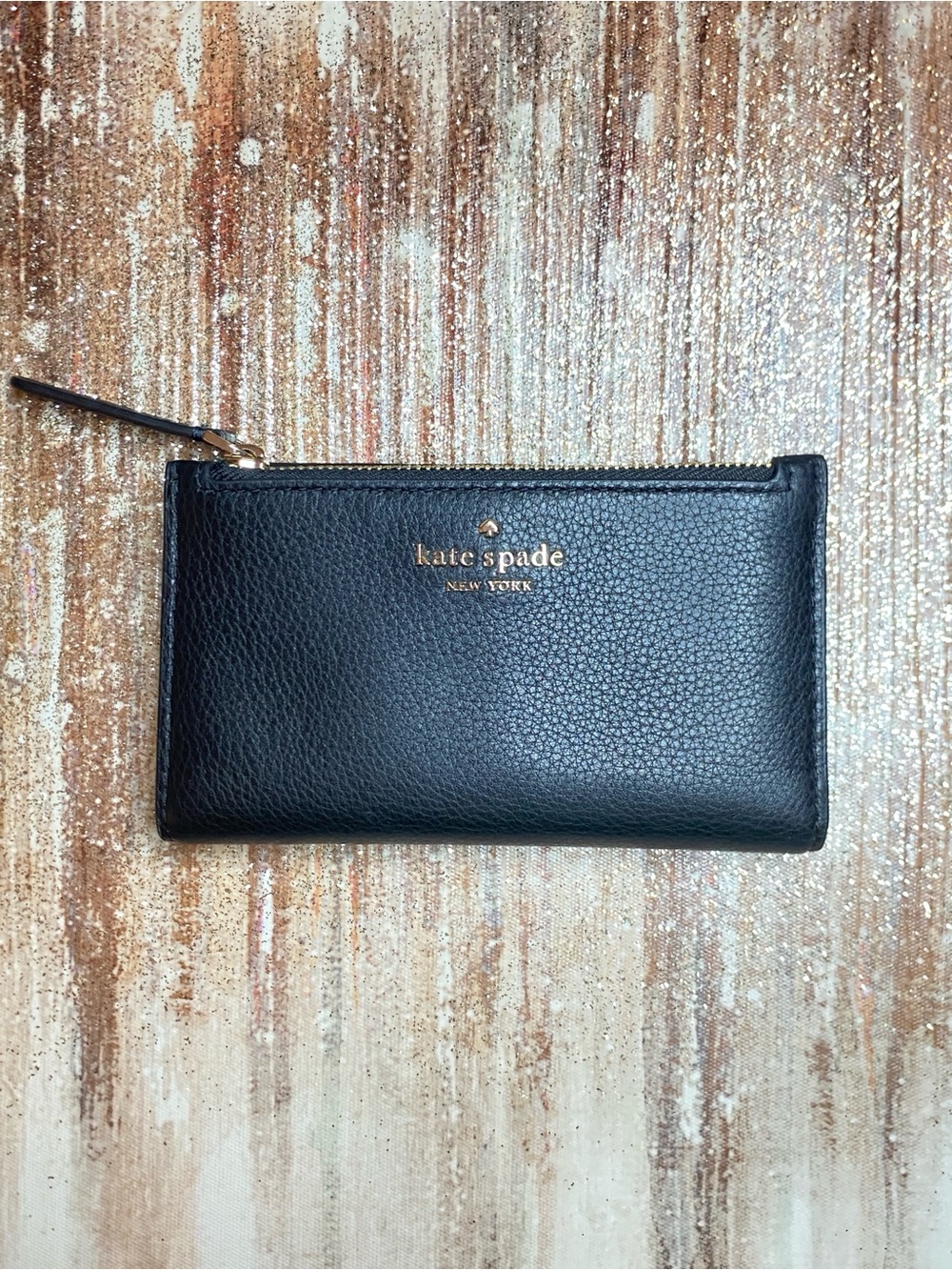Kate Spade New York Black Leather Slim Bifold Wallet Card Case Coin Purse
